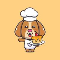 personagem de desenho animado de mascote de chef de cachorro fofo com bolo vetor