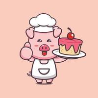 personagem de desenho animado de mascote chef porco bonito com bolo vetor