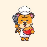 personagem de desenho animado de mascote de chef tigre bonito com massa de bolo vetor