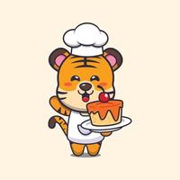 personagem de desenho animado de mascote de chef tigre bonito com bolo vetor