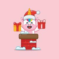 personagem de desenho animado de unicórnio fofo com chapéu de Papai Noel na chaminé vetor