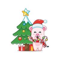 personagem de desenho animado de urso polar fofo com lâmpada de natal vetor