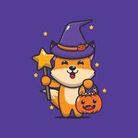 personagem de desenho animado de raposa fofa com fantasia de bruxa no dia de halloween vetor