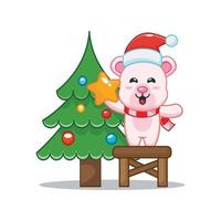 personagem de desenho animado de urso polar fofo tirando estrela da árvore de natal vetor