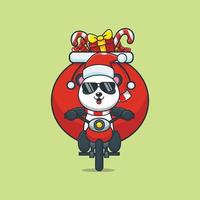 panda bonito carregando presente de natal com moto vetor