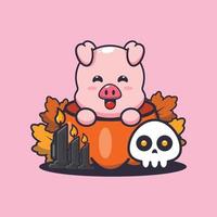 personagem de desenho animado de porco bonito na abóbora de halloween vetor
