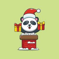 personagem de desenho animado panda bonito com chapéu de Papai Noel na chaminé vetor