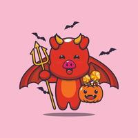 personagem de desenho animado de porco diabo bonito no dia de halloween vetor