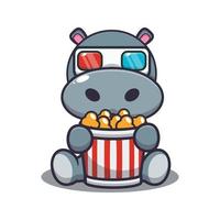 hipopótamo fofo comendo pipoca e assista filme 3d vetor