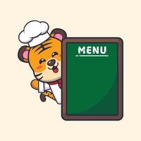 personagem de desenho animado de mascote de chef tigre bonito com placa de menu vetor