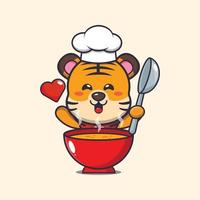 personagem de desenho animado de mascote de chef de tigre bonito com sopa vetor