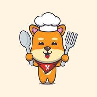 fofo shiba inu cão chef mascote personagem de desenho animado segurando colher e garfo vetor