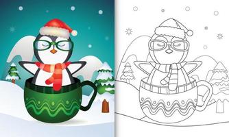 livro de colorir com um pinguim fofo personagens de natal com um chapéu de papai noel e cachecol no copo vetor