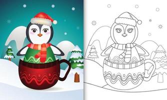 livro de colorir com um pinguim fofo personagens de natal com um chapéu de papai noel e cachecol no copo vetor