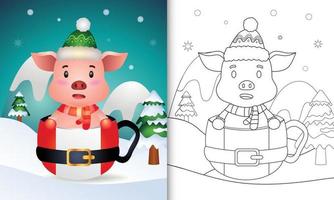 livro de colorir com um porco fofo personagens de natal com um chapéu e cachecol na xícara de papai noel vetor
