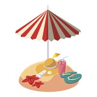 praia de areia de verão com guarda-chuva e chapéu de palha vetor