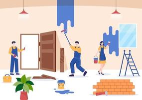 renovação ou reparo em casa com ferramentas de construção, colocação de ladrilhos e pintura de parede em boas condições de decoração em ilustração de fundo plano vetor
