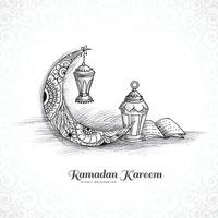 mão desenhar lâmpada islâmica ramadan kareem e design de cartão de esboço da lua vetor