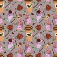 plano de fundo perfeito para uma cafeteria com uma xícara de chá, grãos de café e um milk-shake vetor