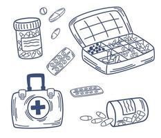 conjunto de comprimidos. arte de esboço de medicina. vitaminas, suplementos dietéticos, pílulas. perfeito para impressão, têxteis, papel de embrulho. ilustração vetorial desenhada à mão vetor