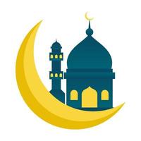 gráfico de ilustração vetorial da mesquita islâmica construindo em cima de uma lua com estilo simples, isolado no fundo branco. vetor