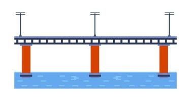 ilustração vetorial de ponte. elemento de arquitetura da cidade com cabos, rodovia e construção de ponte sobre o rio com faixa de rodagem isolada e lanternas na paisagem colorida vetor