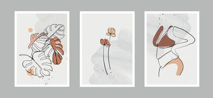 rostos de mulheres minimalistas de linha abstrata moderna, flores, folhas e fundo de artes com diferentes formas para decoração de parede, design de capa de cartão postal ou brochura. desenho vetorial vetor