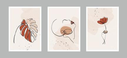 rostos de mulheres minimalistas de linha abstrata moderna, flores, folhas e fundo de artes com diferentes formas para decoração de parede, design de capa de cartão postal ou brochura. desenho vetorial vetor