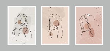 rostos de mulheres minimalistas de linha abstrata moderna e fundo de artes com diferentes formas para decoração de parede, design de capa de cartão postal ou brochura. desenho vetorial vetor