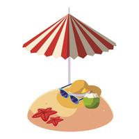 praia de areia de verão com guarda-chuva e chapéu de palha vetor