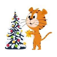 o tigre segura a estrela em suas patas, enfeita a árvore de natal. personagem de desenho animado bonito. o tigre é o símbolo do ano de 2022. ilustração vetorial para crianças. Isolado em um fundo branco vetor