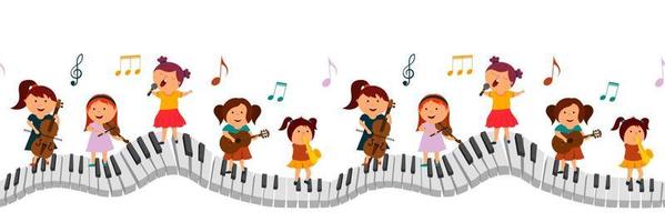 borda sem costura, meninas com instrumentos musicais ficam nas teclas do piano