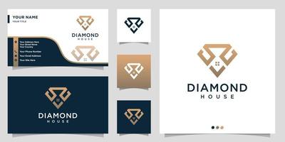 logotipo de diamante com conceito de casa de contorno e vetor premium de design de cartão de visita