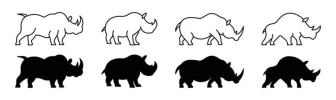 conjunto de ícones de linha de personagem de rinoceronte, ilustração em vetor silhueta rinoceronte africano.