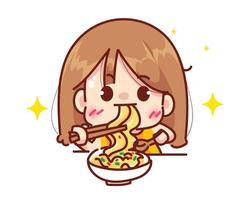 linda garota comendo macarrão ou conceito de logotipo de restaurante ramen personagem de desenho animado mão desenhar ilustração de arte vetor