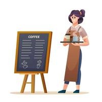 barista feminino em pé perto da placa do menu enquanto carregava ilustração de café vetor