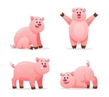conjunto de porco em várias poses ilustração dos desenhos animados vetor