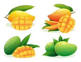 conjunto de várias frutas frescas de manga inteira, metade e ilustração de fatias cúbicas isoladas no fundo branco