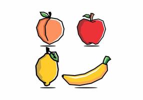 estilo de arte rígido de frutas de pêssego, maçã, frutas cítricas e banana vetor