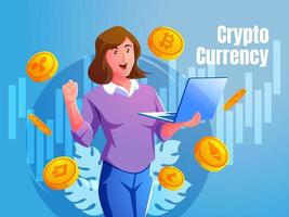 mulher feliz lucrando com investimento de negociação de criptomoedas vetor