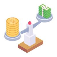 ícone isométrico moderno de comparação de moedas, escala de equilíbrio financeiro vetor
