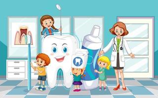 dentista e crianças felizes segurando a escova de dentes e o fio dental no fundo branco vetor
