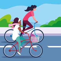 mulheres jovens, andar de bicicleta na estrada vetor