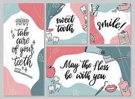 conjunto de banners de odontologia com rabiscos e citações vetor