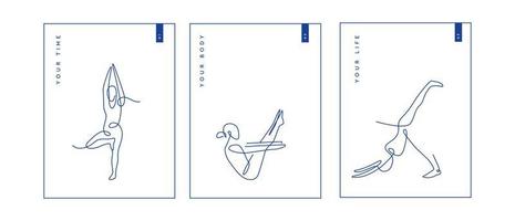 cartaz definido para aula de ioga ou pilates. cartaz de vetor de uma linha. cartão postal de ioga. design de arte de linha