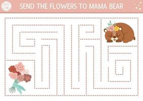 labirinto de dia das mães para crianças. atividade educacional para impressão pré-escolar de férias. engraçado jogo de amor familiar ou quebra-cabeça com animal fofo. labirinto de mãe e bebê. mande as flores para a mamãe ursa. vetor