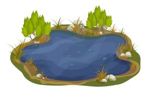 lago, pântano com pedras, folhas de lírio de junco em estilo cartoon, isolado no fundo branco. cena de fantasia da floresta, natureza selvagem. ilustração vetorial vetor