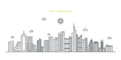 paisagem urbana. vetor de paisagem de linha plana moderna. ilustração de arte de linha de paisagem da cidade com construção, torre, arranha-céus. ilustração vetorial.