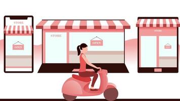 mulher com scooter, loja criada em objetos como laptop, celular e tablet. ilustração vetorial de negócios de entrega em fundo branco. vetor