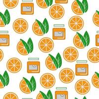 padrão perfeito de fatias de laranjas e potes de geléia, frutas cítricas suculentas em um fundo branco vetor